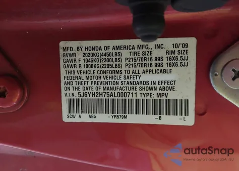 2010 Honda Element Ex z USA, uszkodzony, nr VIN 5J6YH2H75AL000711